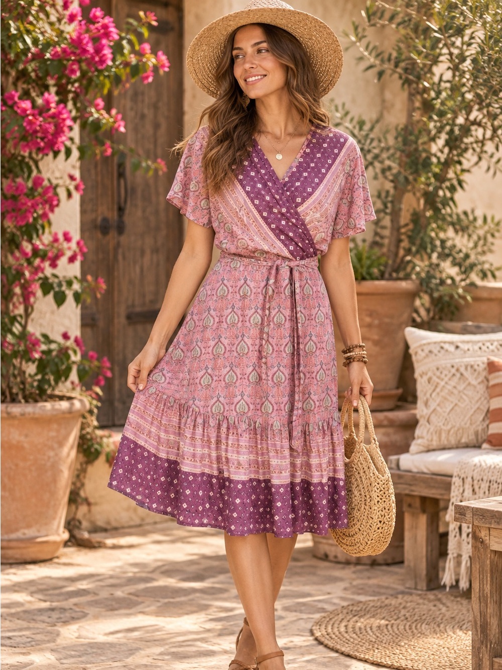 ZESICA Women's Summer Wrap V-Neck Bohemian Floral Print Ruffle Dress